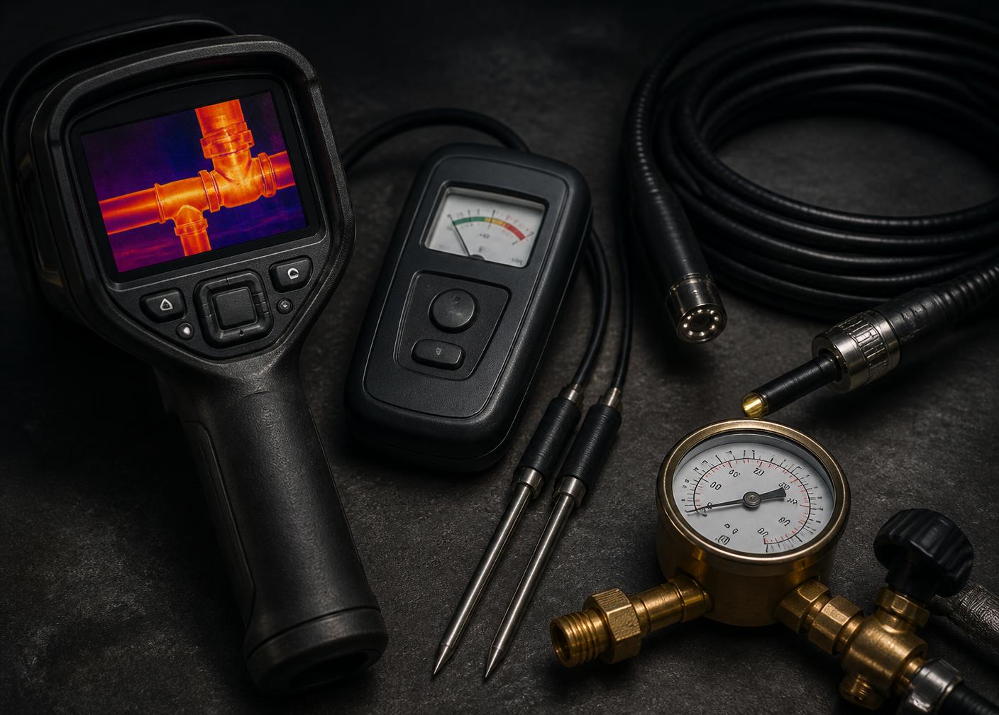 Thermal imaging camera, moisture meter, borescope and pressure gauge used in leak investigation